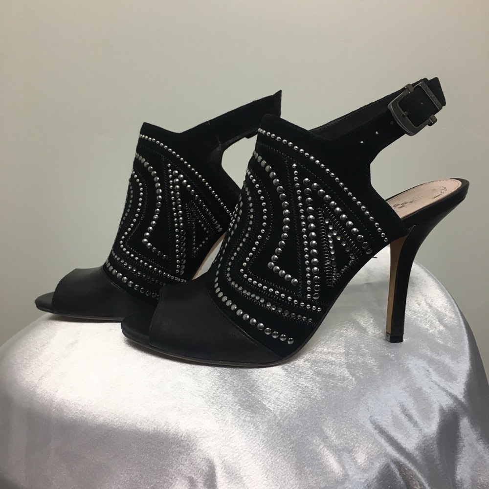 Vince Camuto Yolana Black Leather & Suede Slingback Peep Toe Sandals